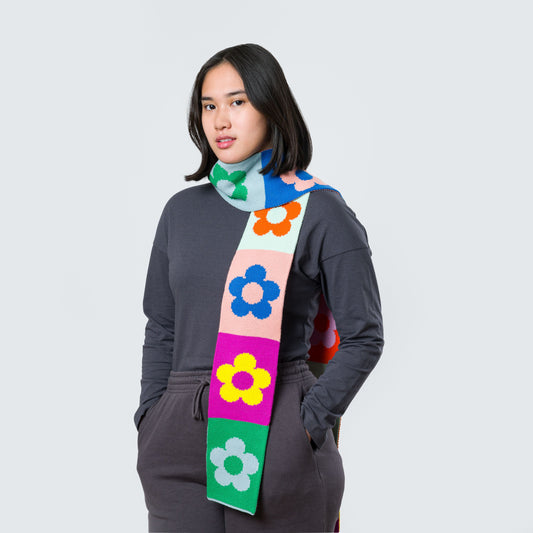 Flower Block Long Skinny Knit Scarf