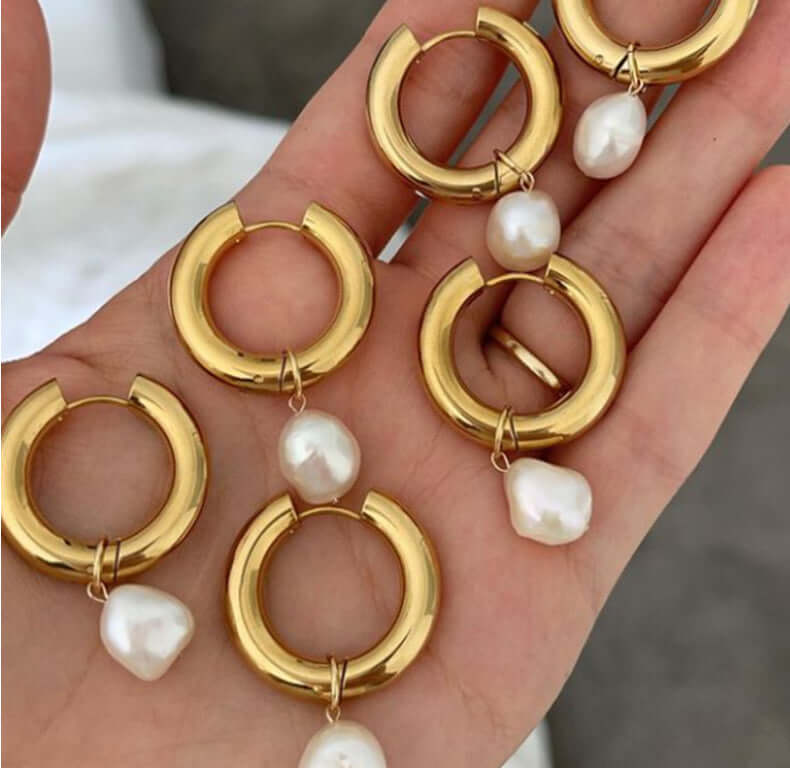 Joy Waterproof Chunky Pearl Hoop 18K Gold Plating